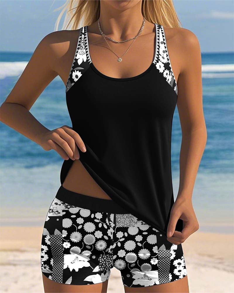 Print Tankini Swim Set – Comfortable Fit with Boxer-Style Bottoms