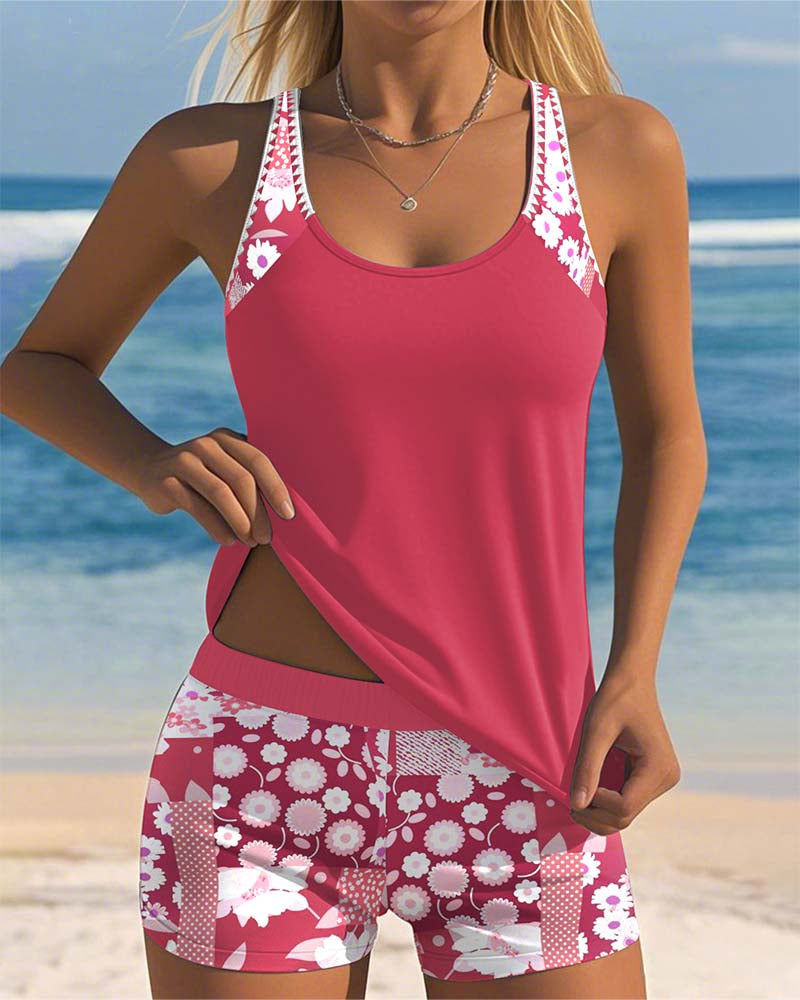 Print Tankini Swim Set – Comfortable Fit with Boxer-Style Bottoms