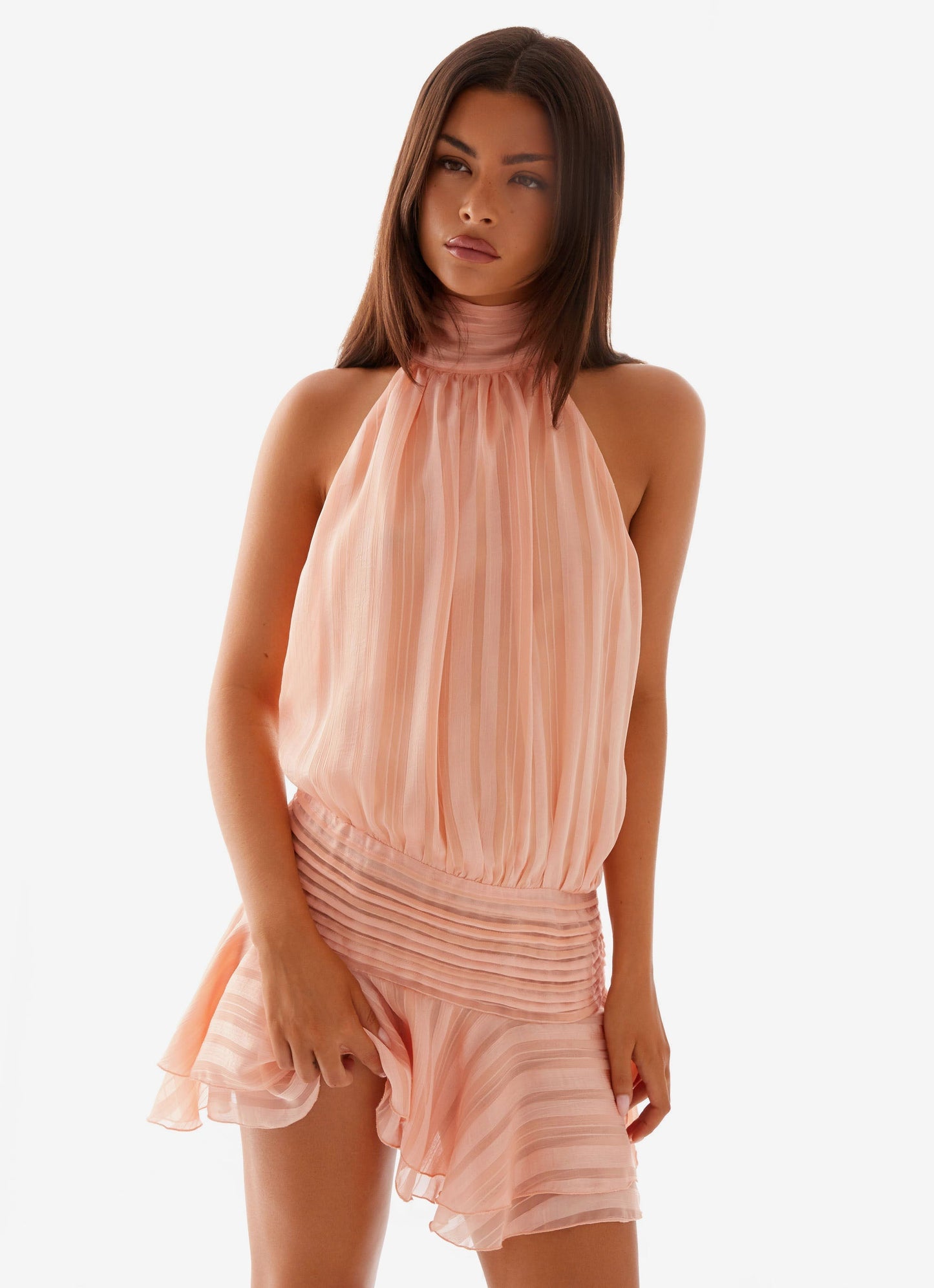 Harriet Barret Halter-Style Mini Dress – Ruched & Ruffled