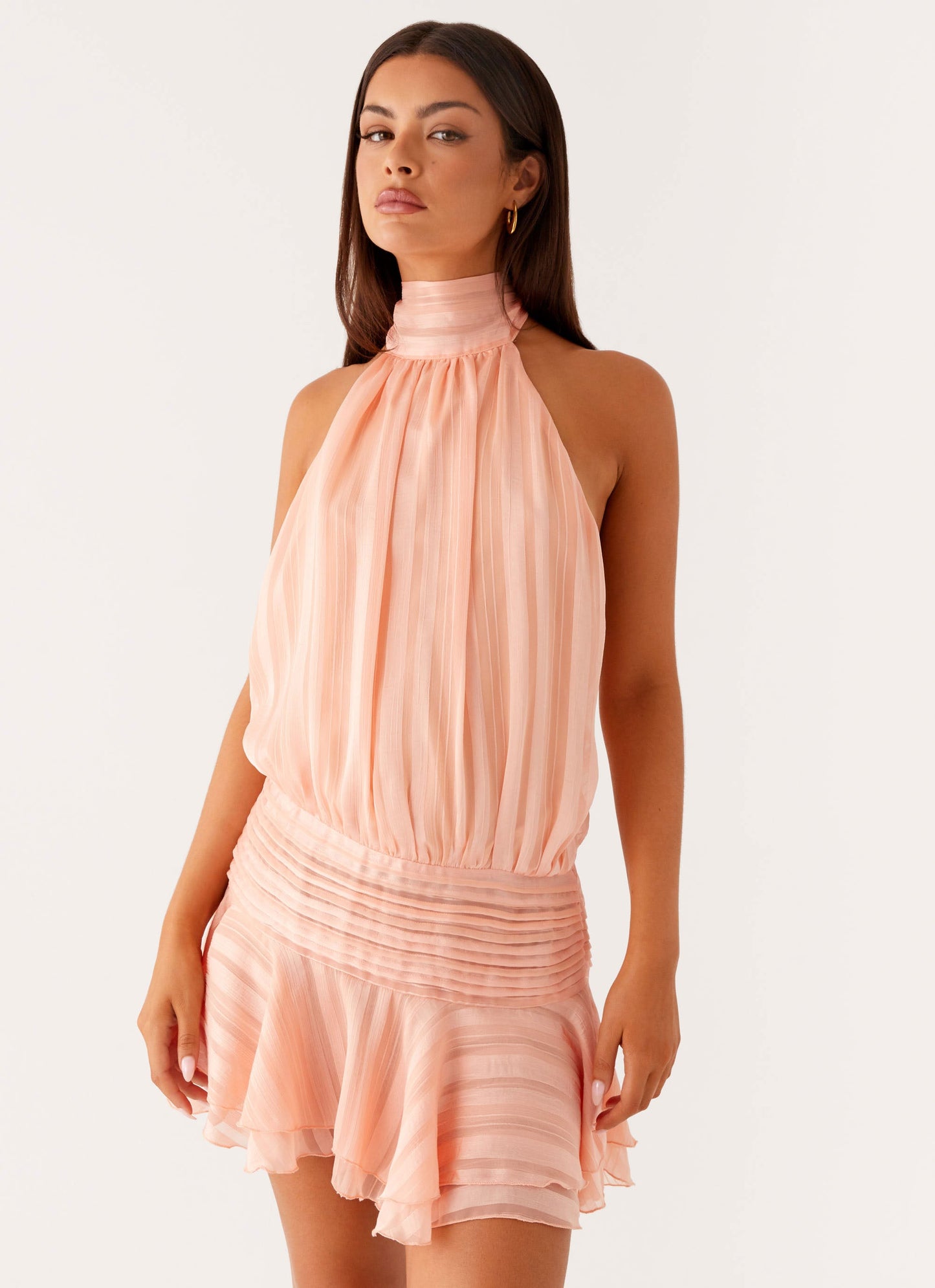 Harriet Barret Halter-Style Mini Dress – Ruched & Ruffled