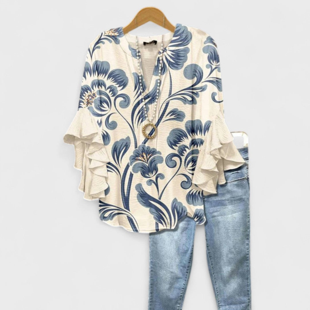 Elara Garden Whispers Flowing V-Neck Blouse