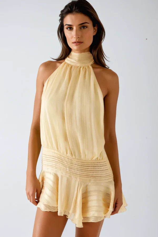 Harriet Barret Halter-Style Mini Dress – Ruched & Ruffled