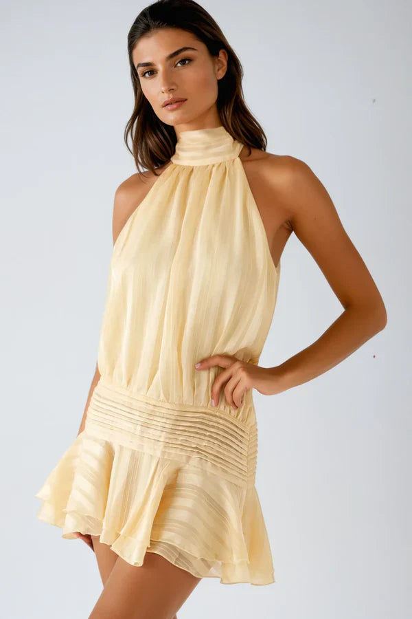 Harriet Barret Halter-Style Mini Dress – Ruched & Ruffled