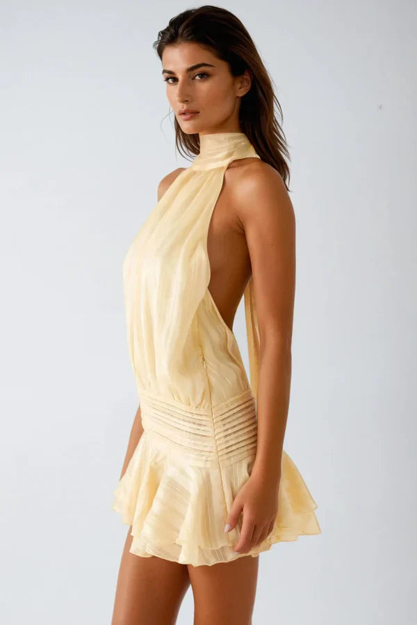 Harriet Barret Halter-Style Mini Dress – Ruched & Ruffled