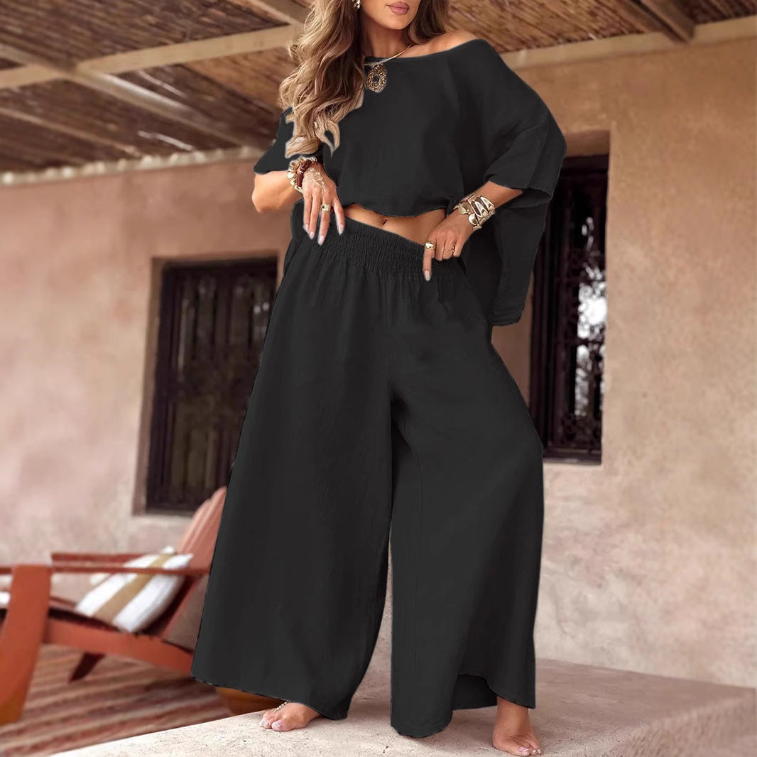 Zara Coast Two-Piece Set with off-the-shoulder top and wide-leg pants