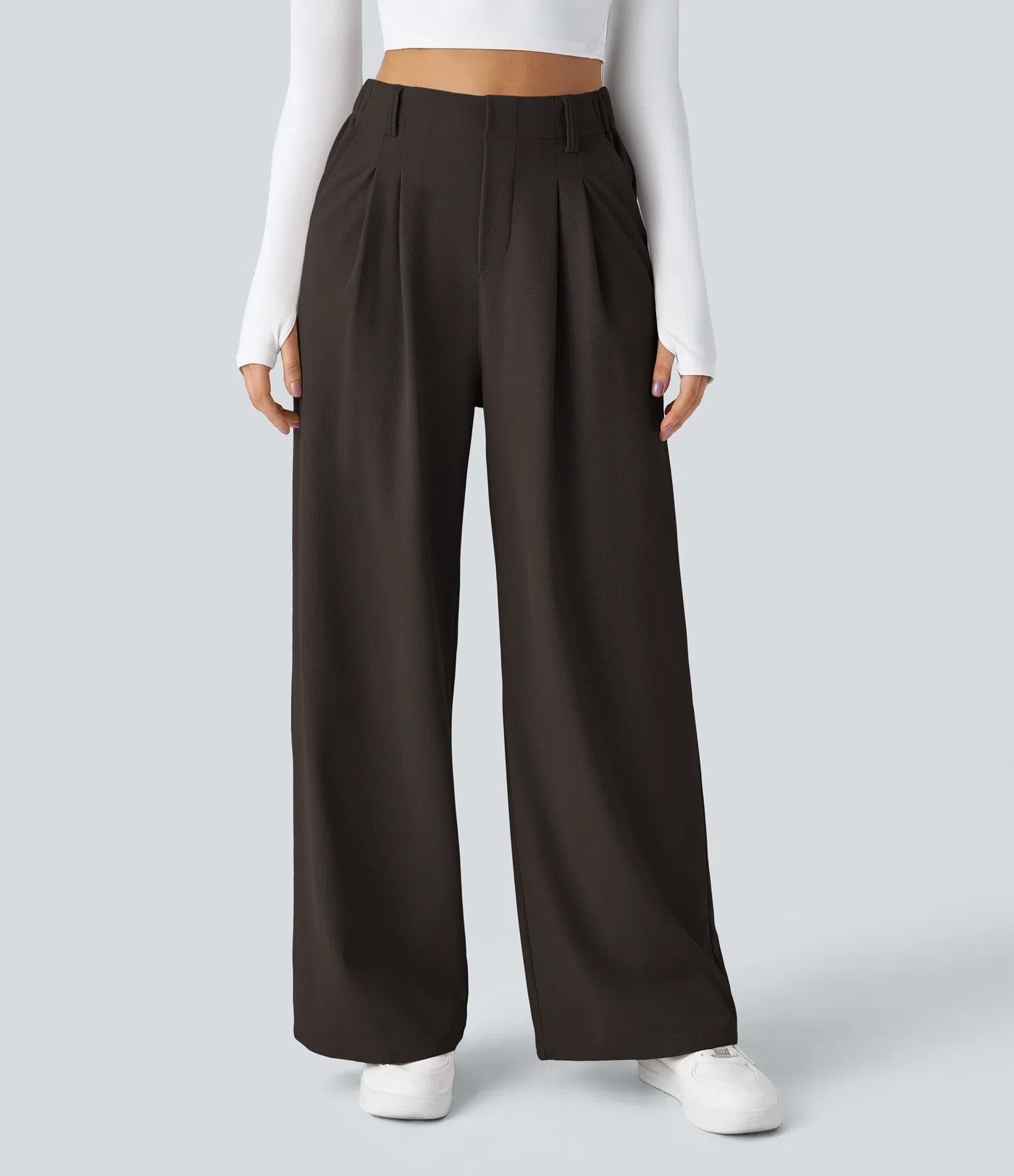 Isla Belle High-Waisted Waffle Work Trousers with Wide Leg & Pockets