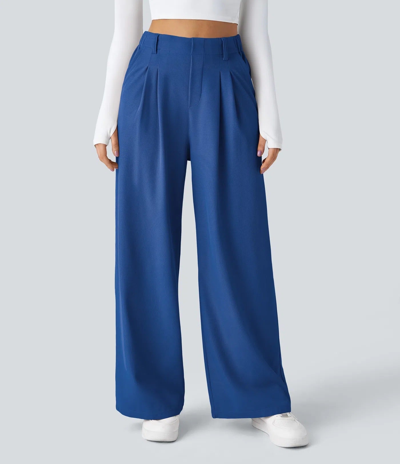Isla Belle High-Waisted Waffle Work Trousers with Wide Leg & Pockets