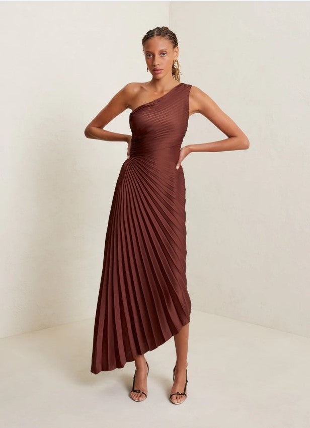 Coralie Sage Asymmetric One-Shoulder Pleated Midi Dress