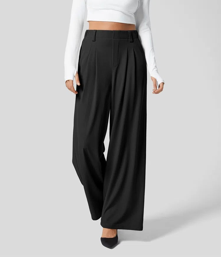Isla Belle High-Waisted Waffle Work Trousers with Wide Leg & Pockets