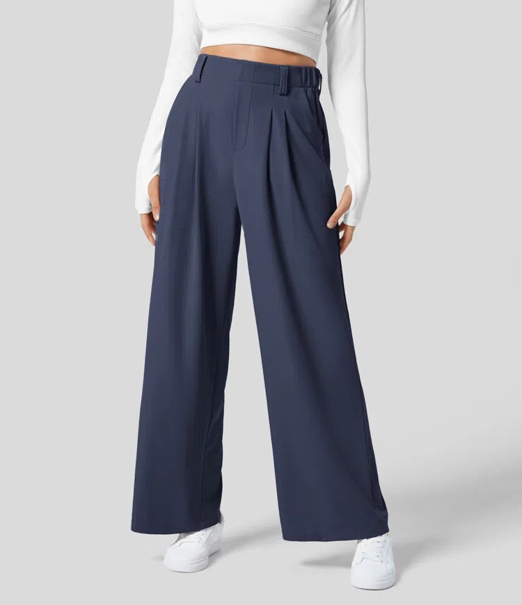Isla Belle High-Waisted Waffle Work Trousers with Wide Leg & Pockets