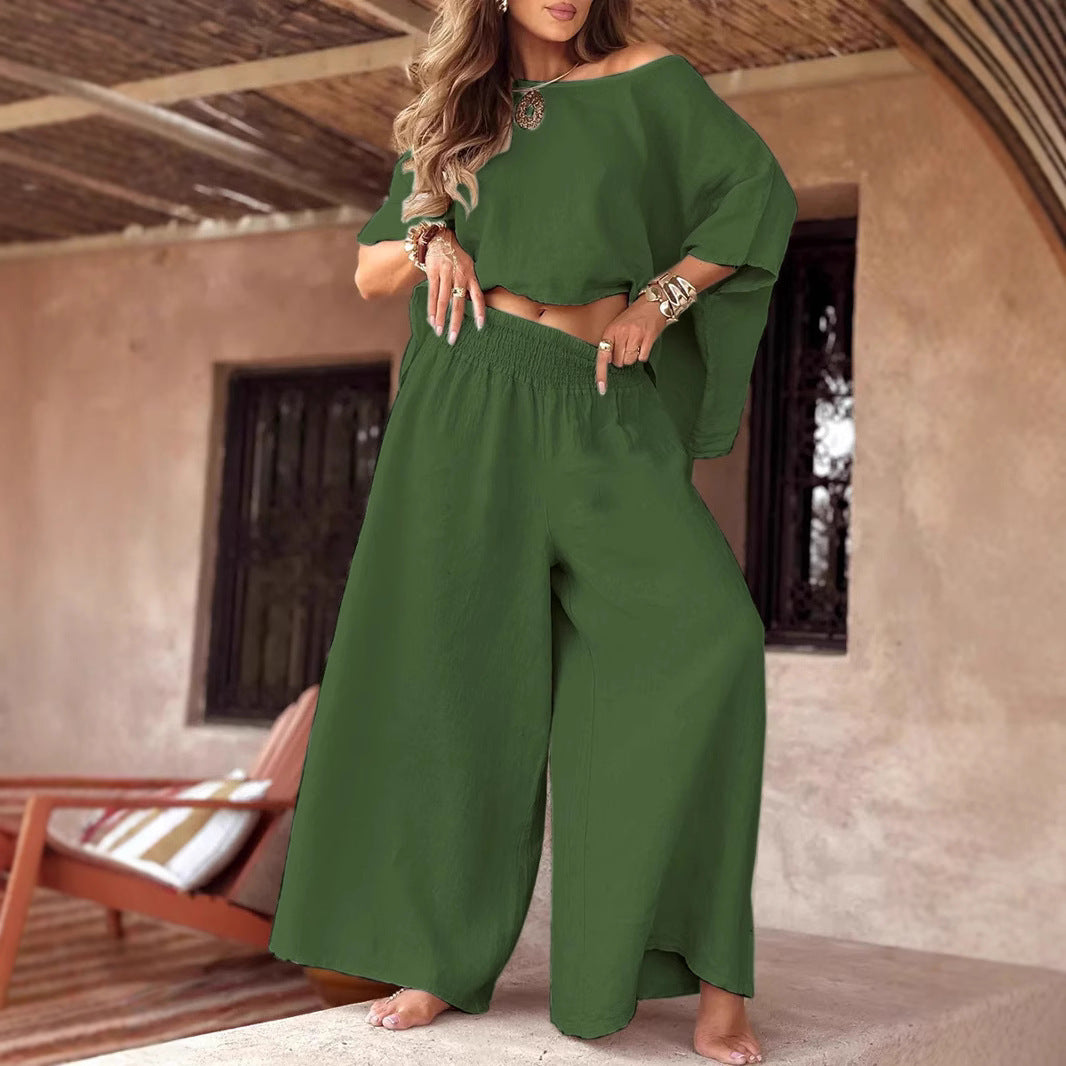Zara Coast Two-Piece Set with off-the-shoulder top and wide-leg pants