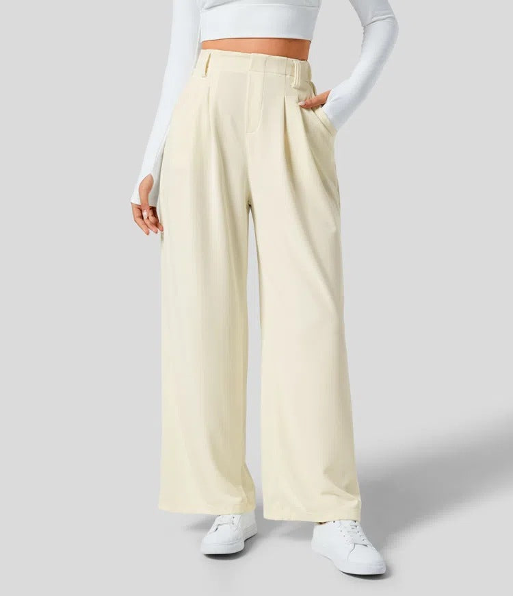 Isla Belle High-Waisted Waffle Work Trousers with Wide Leg & Pockets