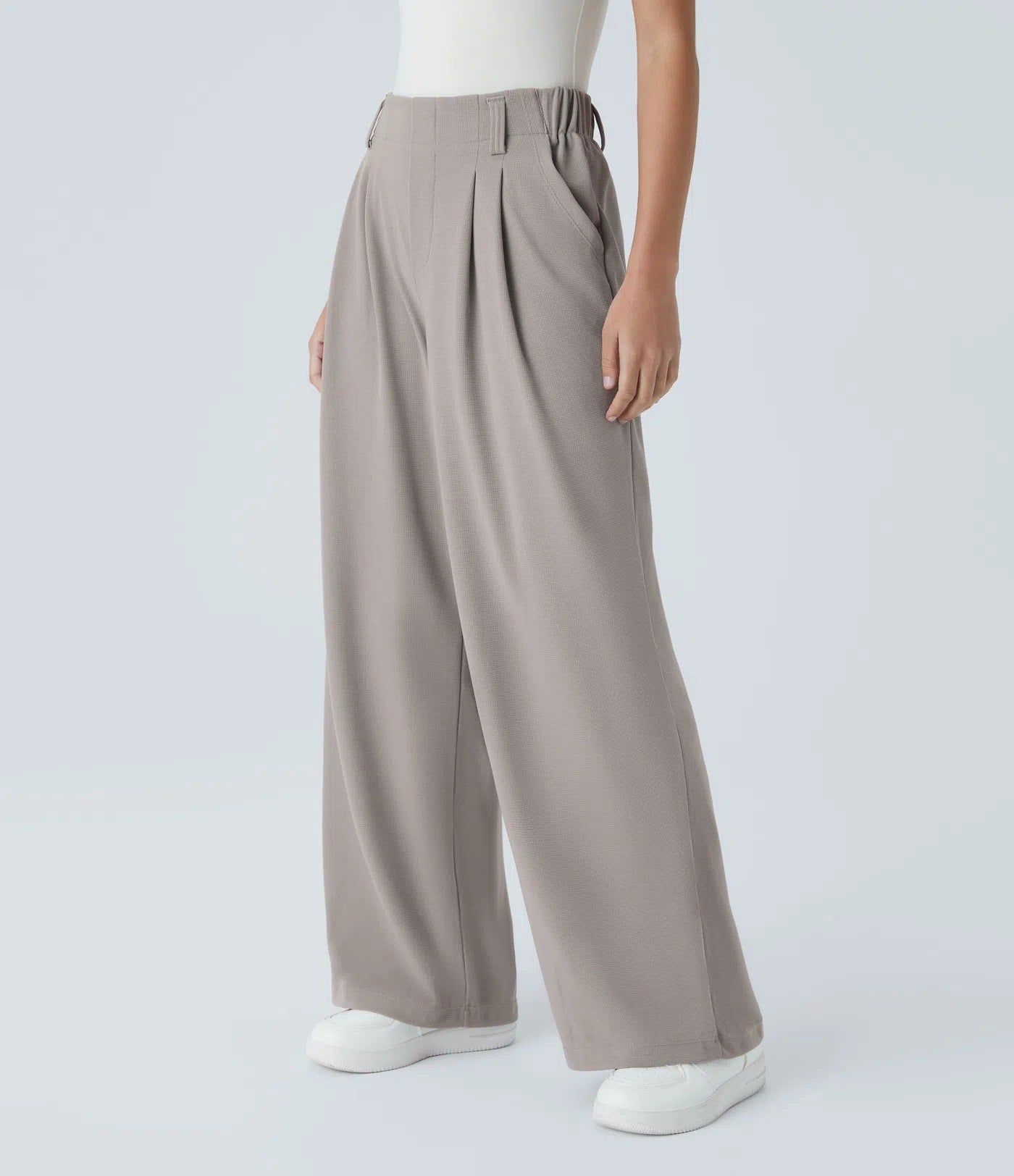Isla Belle High-Waisted Waffle Work Trousers with Wide Leg & Pockets