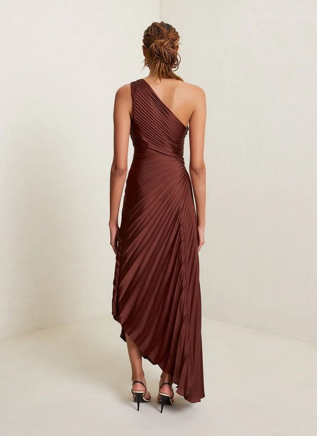 Coralie Sage Asymmetric One-Shoulder Pleated Midi Dress