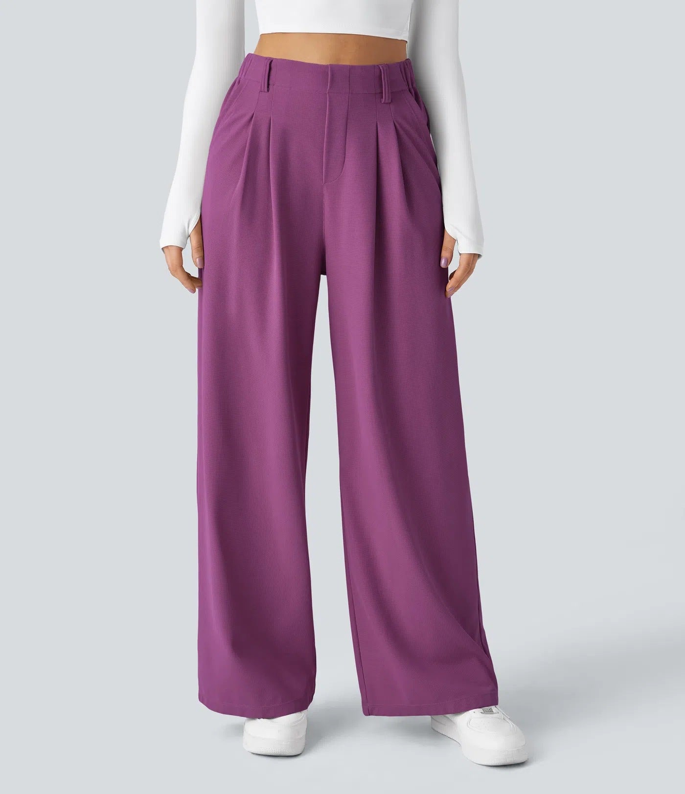 Isla Belle High-Waisted Waffle Work Trousers with Wide Leg & Pockets
