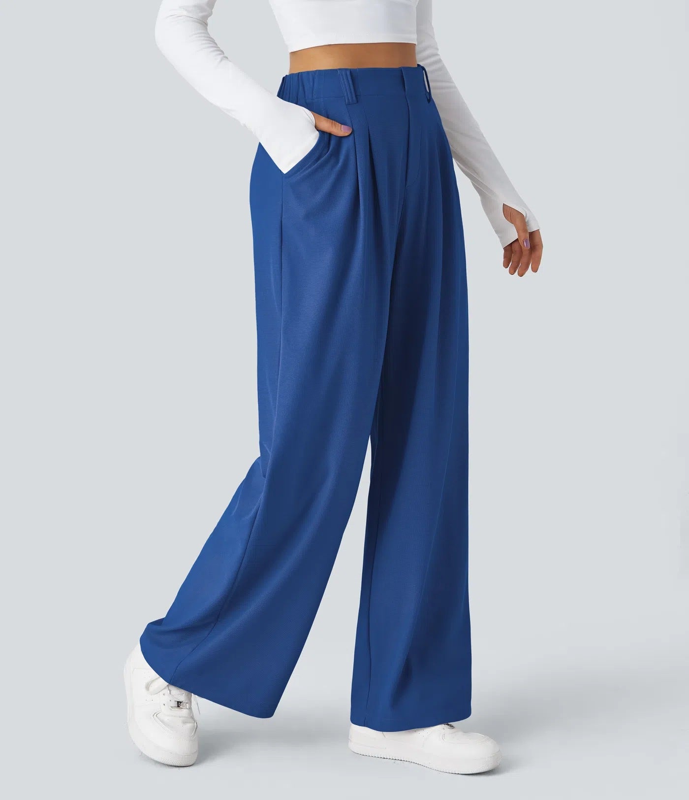 Isla Belle High-Waisted Waffle Work Trousers with Wide Leg & Pockets