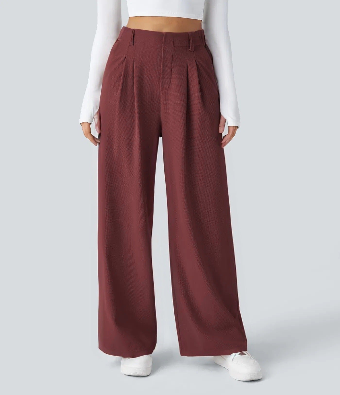 Isla Belle High-Waisted Waffle Work Trousers with Wide Leg & Pockets