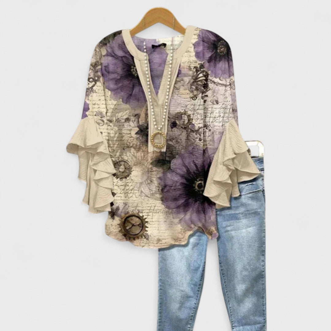 Elara Garden Whispers Flowing V-Neck Blouse