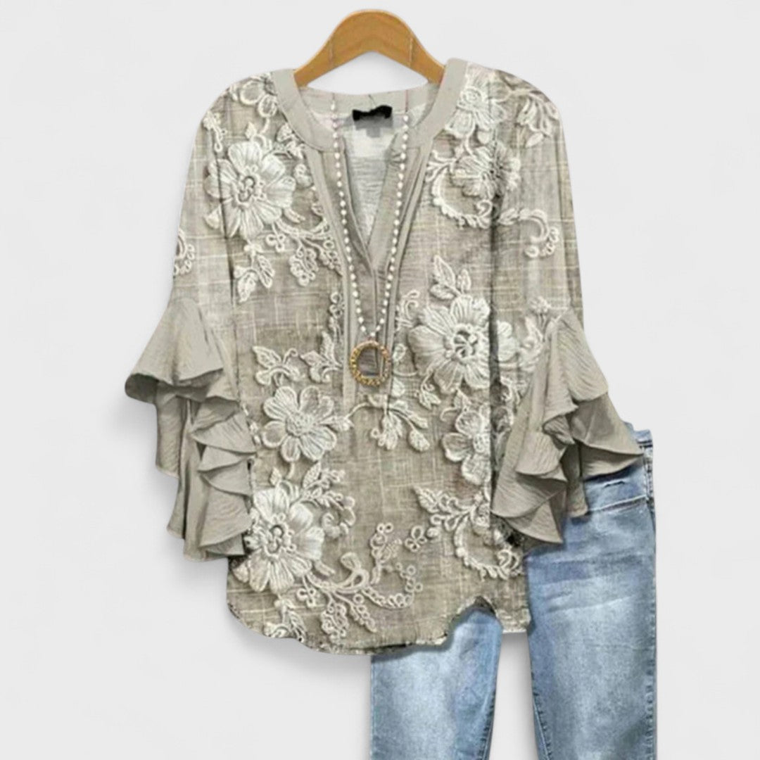 Elara Garden Whispers Flowing V-Neck Blouse