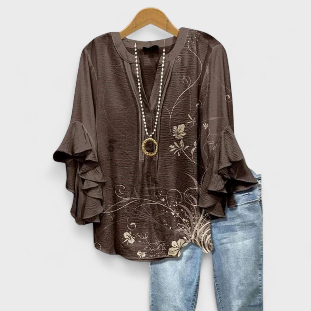 Elara Garden Whispers Flowing V-Neck Blouse