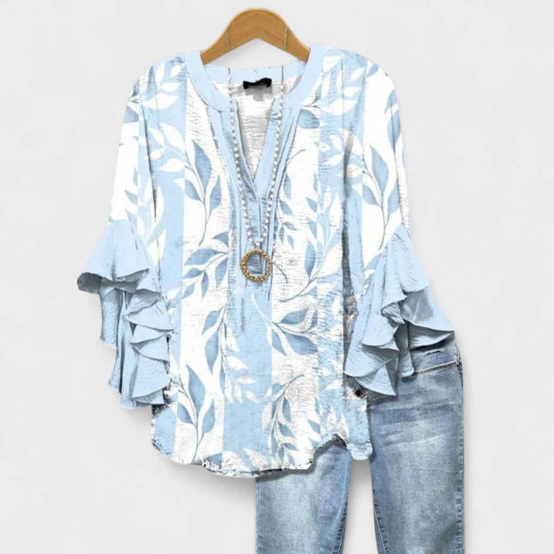 Elara Garden Whispers Flowing V-Neck Blouse