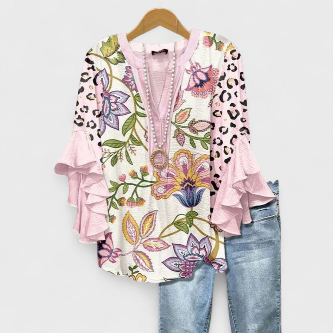 Elara Garden Whispers Flowing V-Neck Blouse