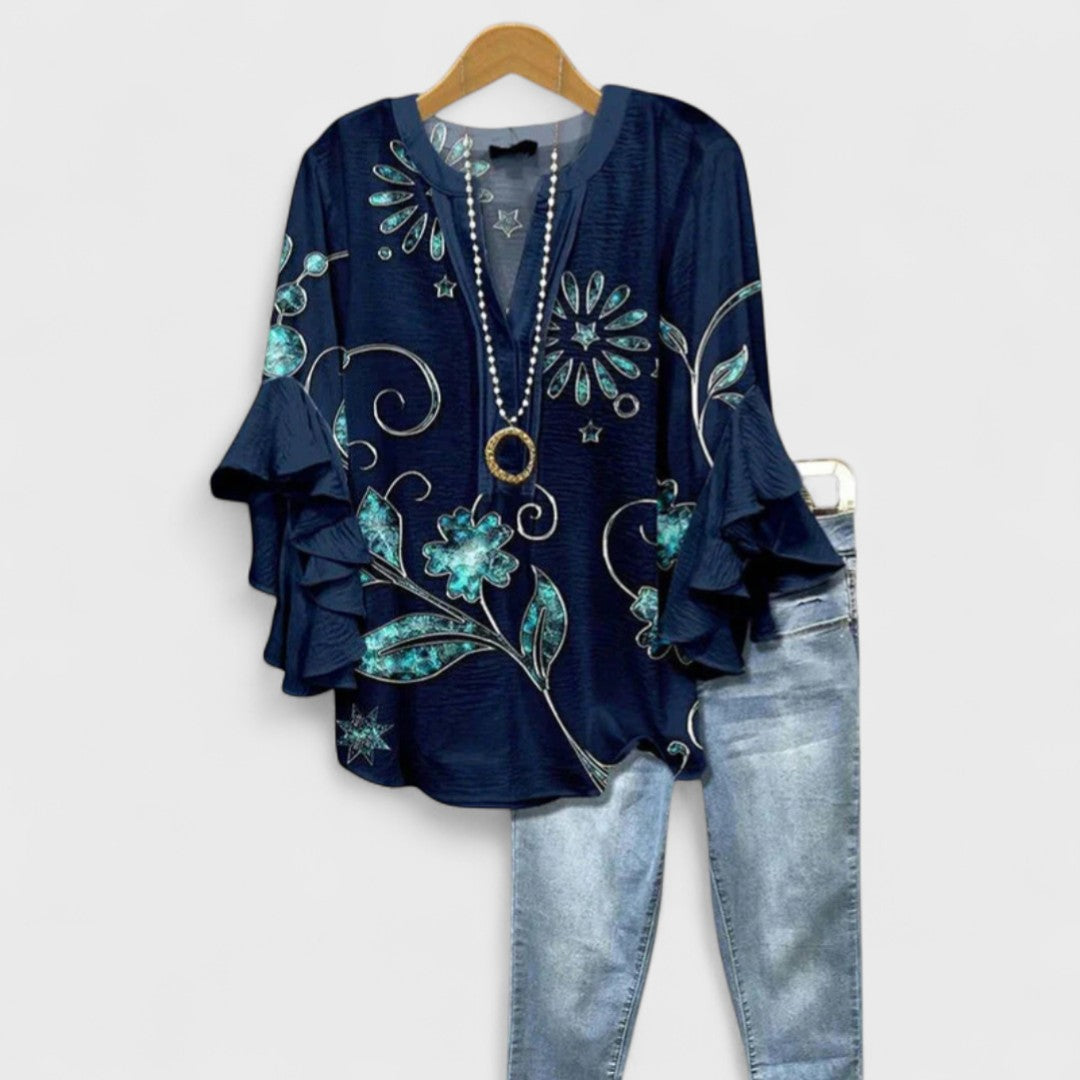 Elara Garden Whispers Flowing V-Neck Blouse