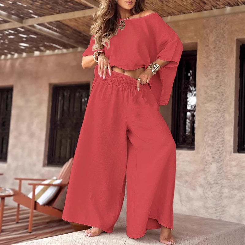 Zara Coast Two-Piece Set with off-the-shoulder top and wide-leg pants