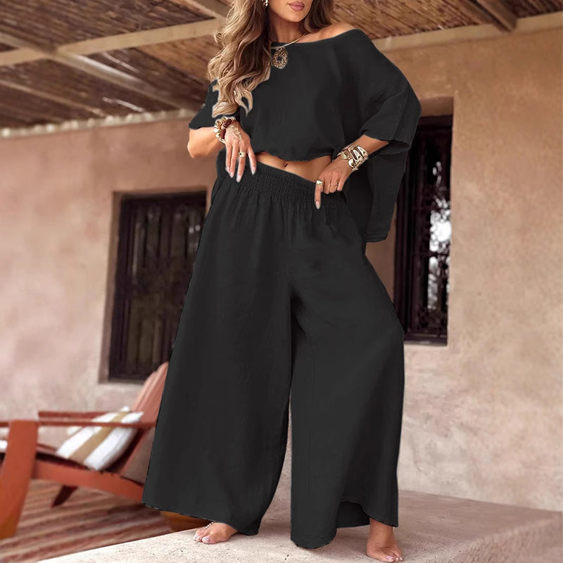 Zara Coast Two-Piece Set with off-the-shoulder top and wide-leg pants