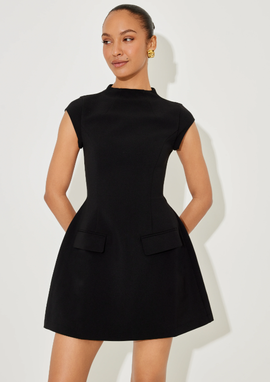 Elowen Faye White Dress – Cap Sleeves, High Neck, Cinched Waist