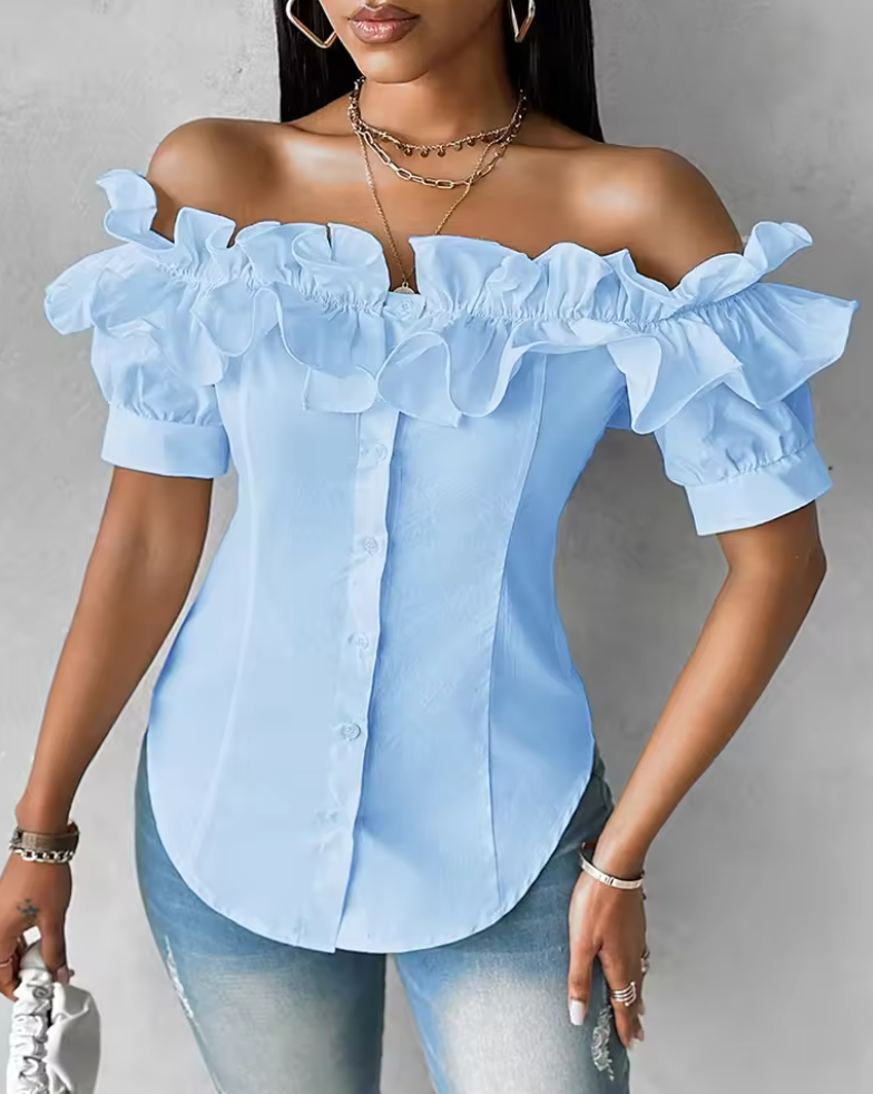 Ellie Breeze Off-Shoulder Ruffle Blouse with Asymmetrical Charm