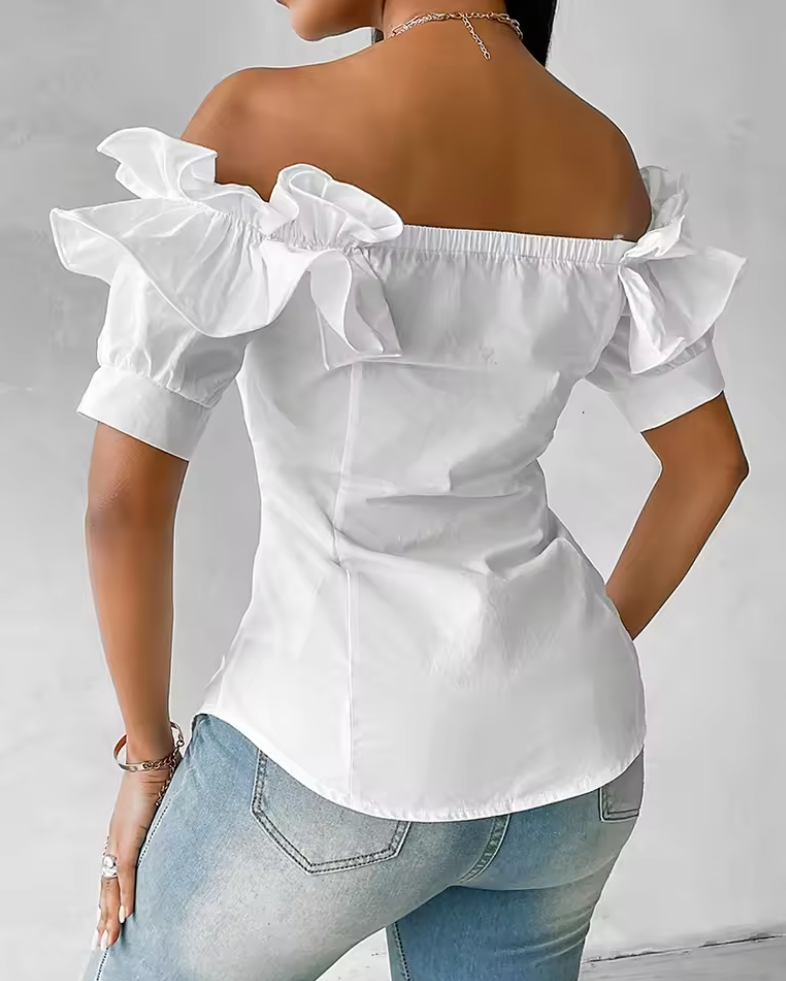 Ellie Breeze Off-Shoulder Ruffle Blouse with Asymmetrical Charm