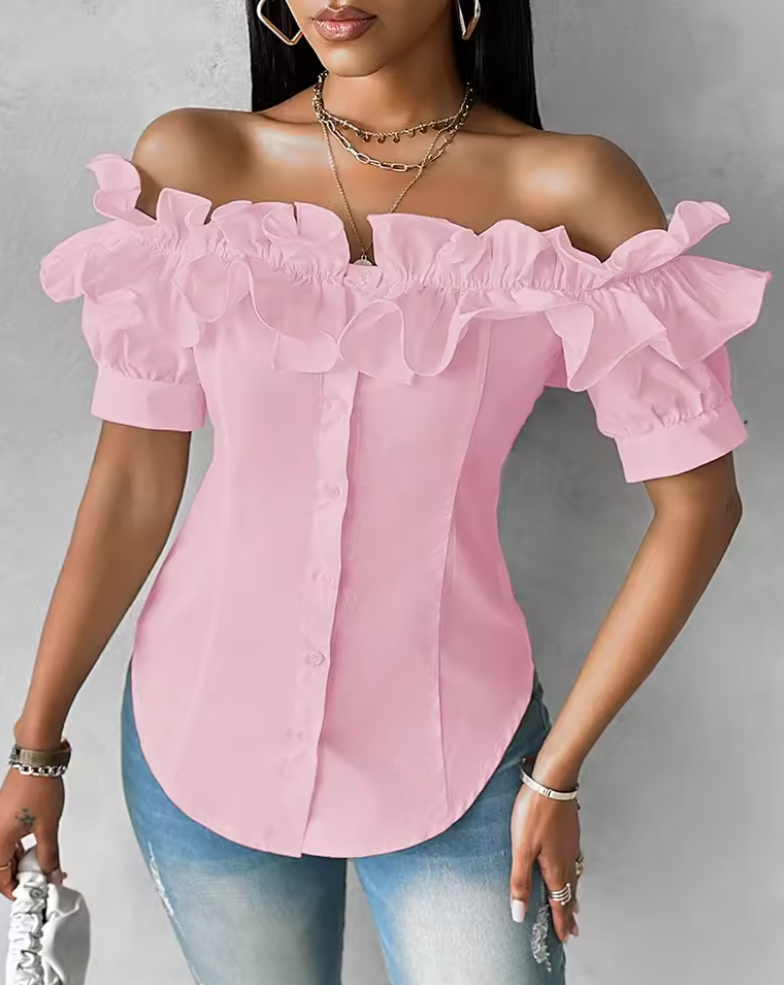 Ellie Breeze Off-Shoulder Ruffle Blouse with Asymmetrical Charm