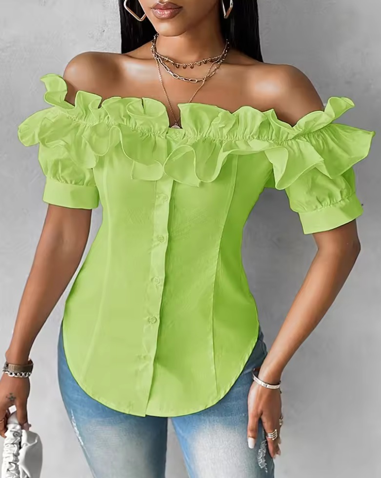Ellie Breeze Off-Shoulder Ruffle Blouse with Asymmetrical Charm