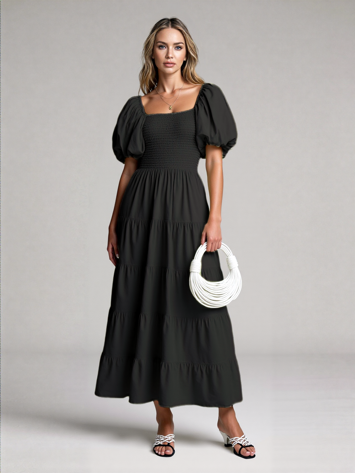 Isla Rose Square-Neck Maxi Dress – Puff Sleeves & Low Back