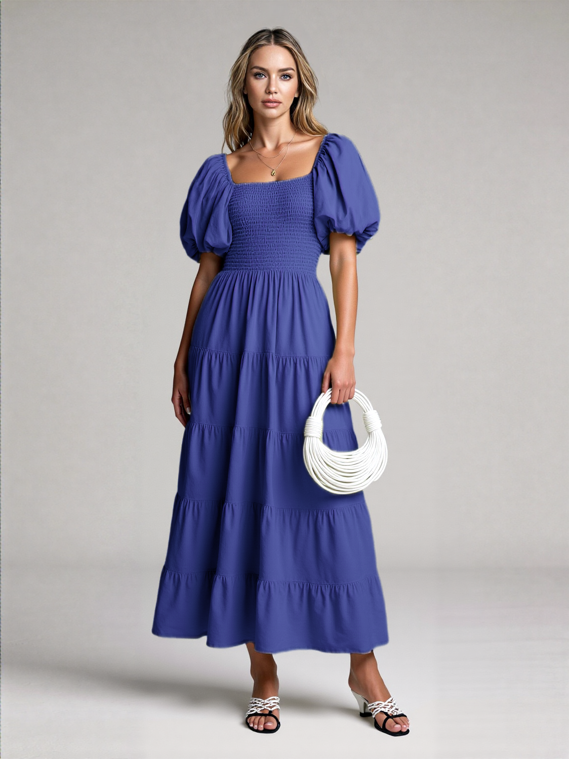Isla Rose Square-Neck Maxi Dress – Puff Sleeves & Low Back