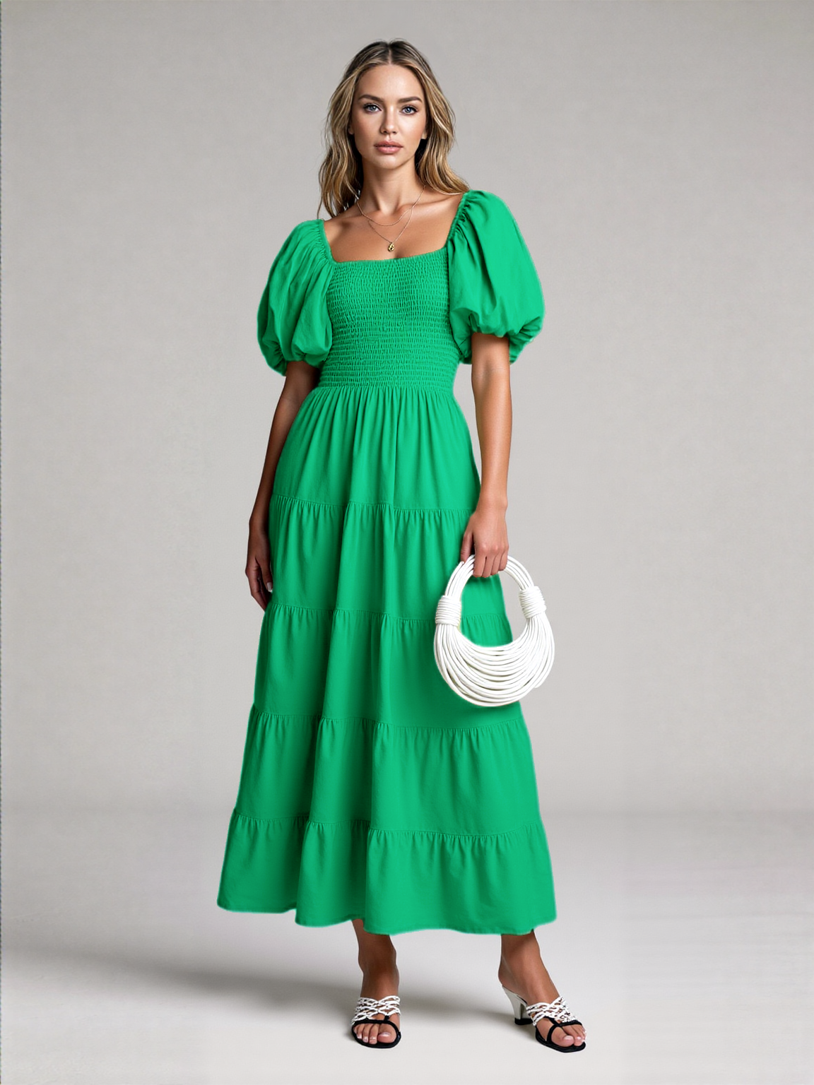 Isla Rose Square-Neck Maxi Dress – Puff Sleeves & Low Back