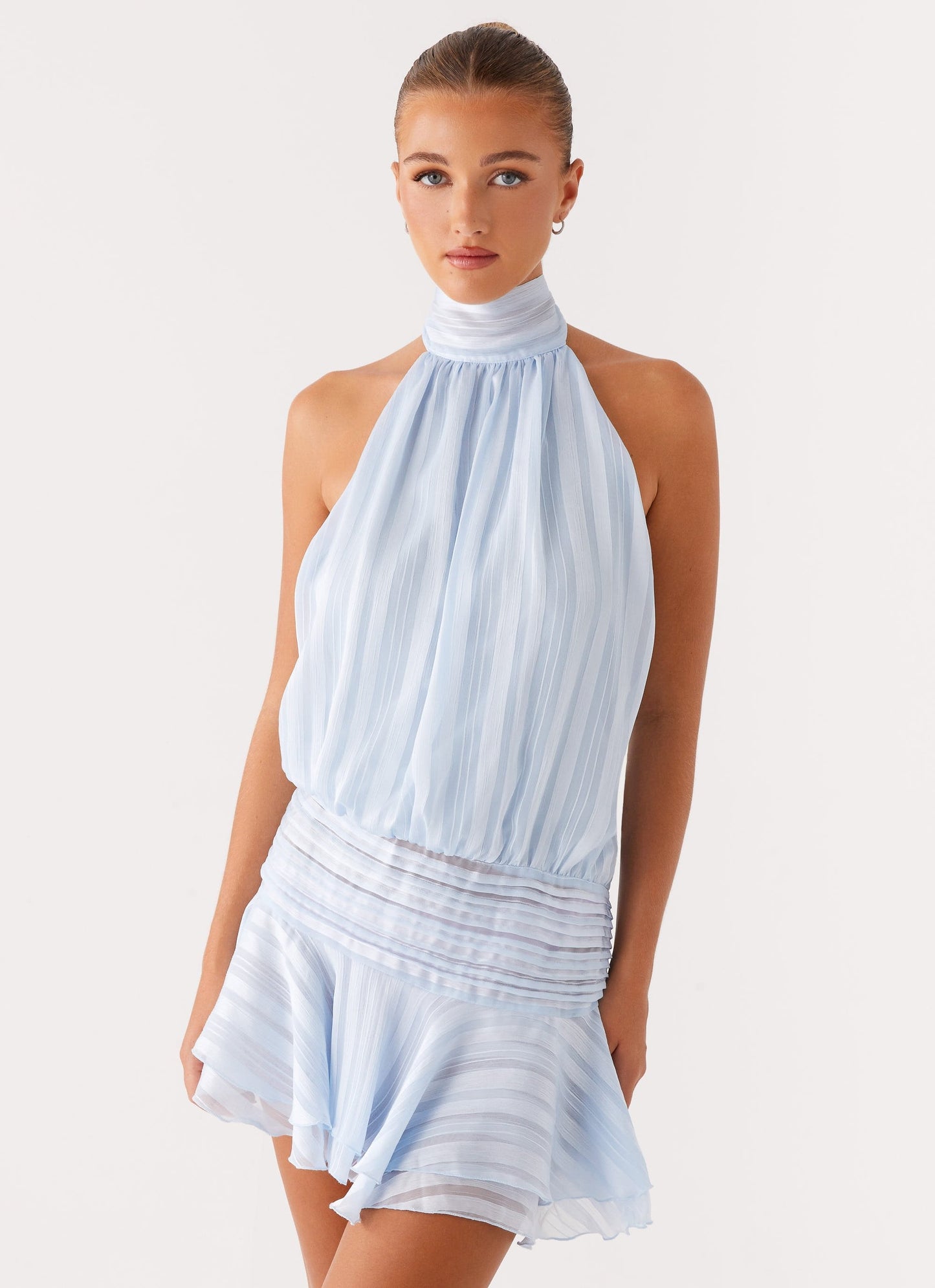 Harriet Barret Halter-Style Mini Dress – Ruched & Ruffled
