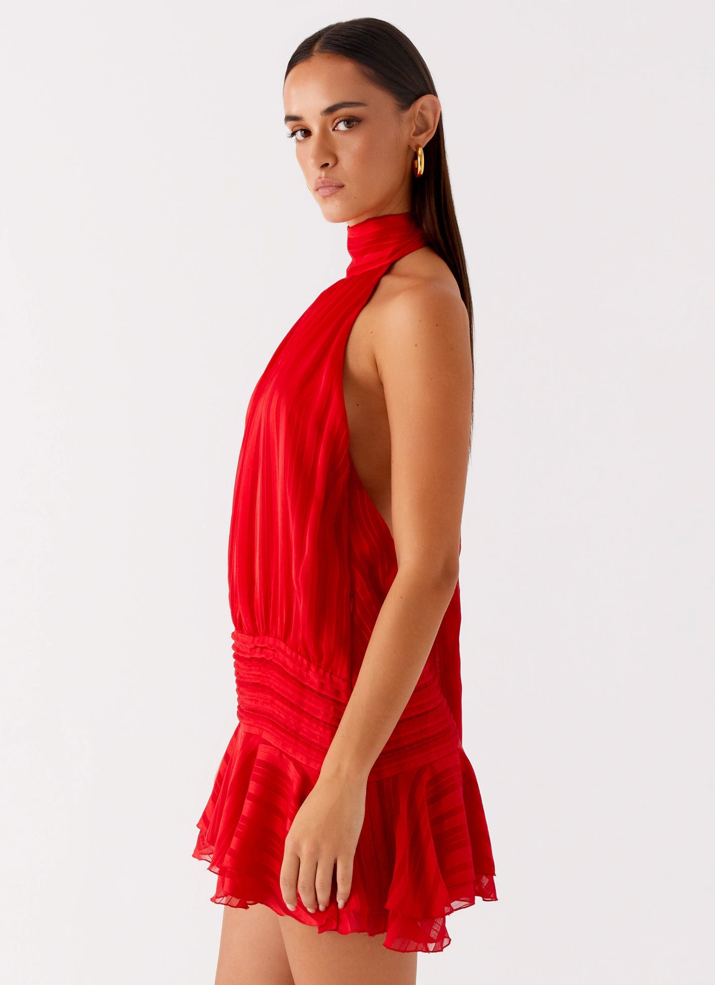 Harriet Barret Halter-Style Mini Dress – Ruched & Ruffled