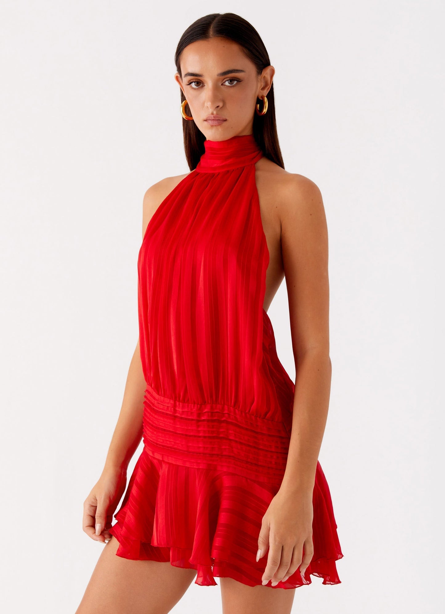 Harriet Barret Halter-Style Mini Dress – Ruched & Ruffled