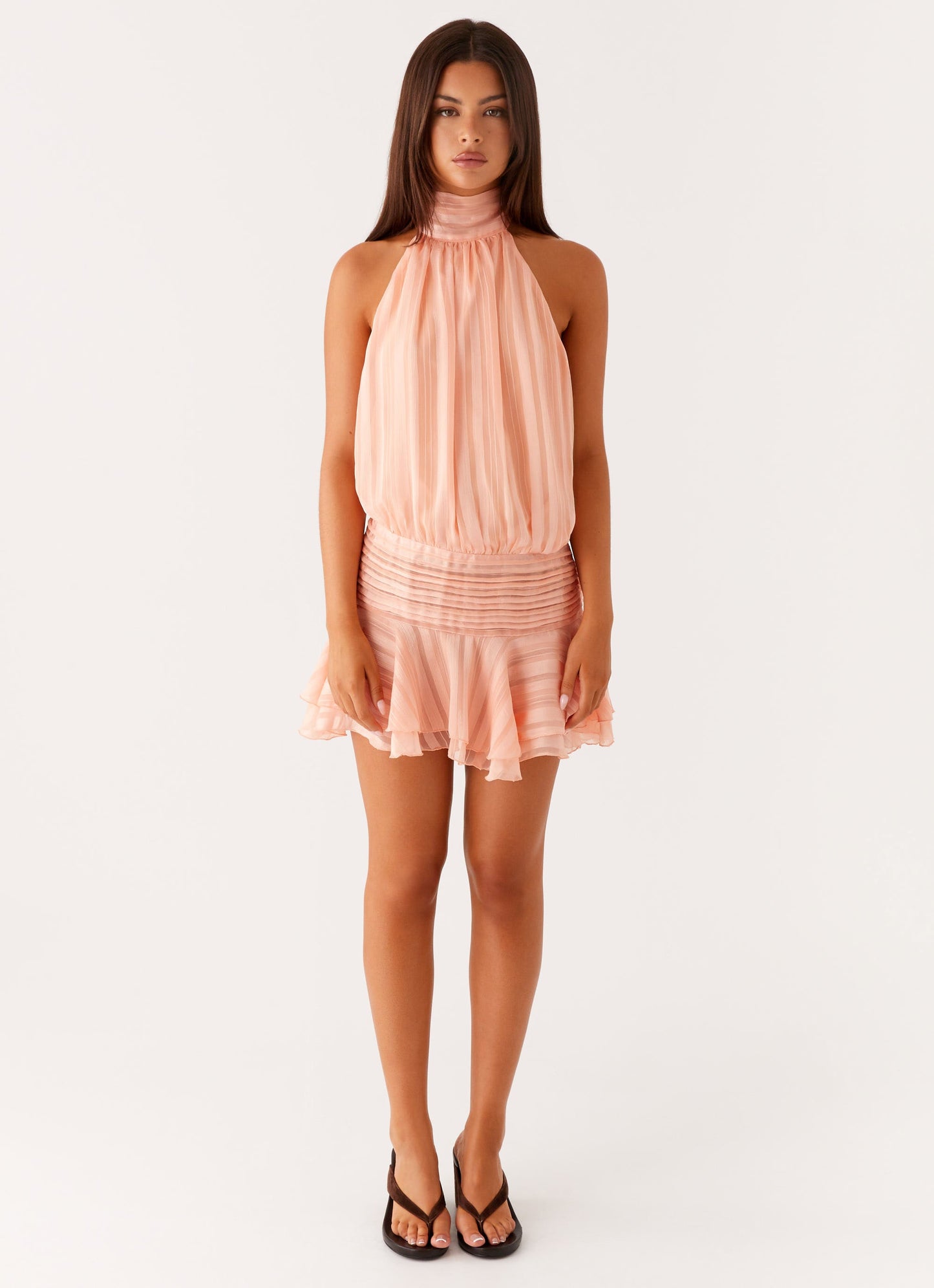 Harriet Barret Halter-Style Mini Dress – Ruched & Ruffled