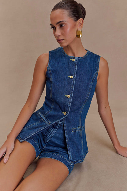 Evie Lane Buttoned Denim Set – Sleeveless Top & Summer Shorts