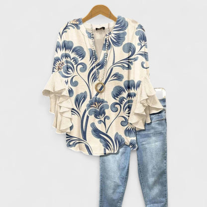 Elara Garden Whispers Flowing V-Neck Blouse