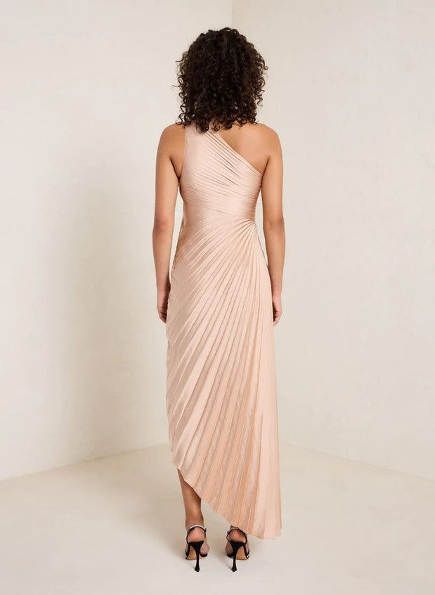 Coralie Sage Asymmetric One-Shoulder Pleated Midi Dress