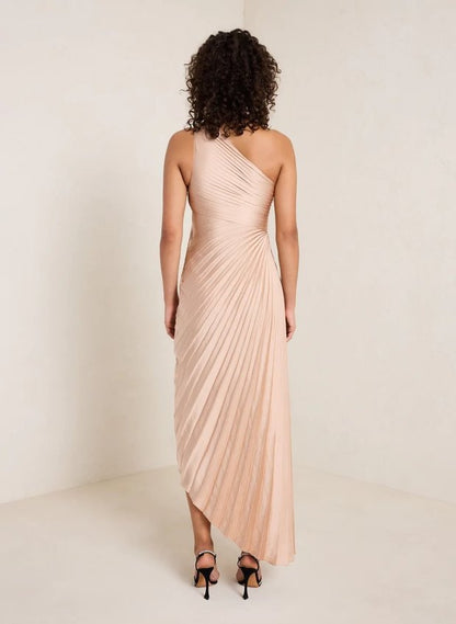 Coralie Sage Asymmetric One-Shoulder Pleated Midi Dress