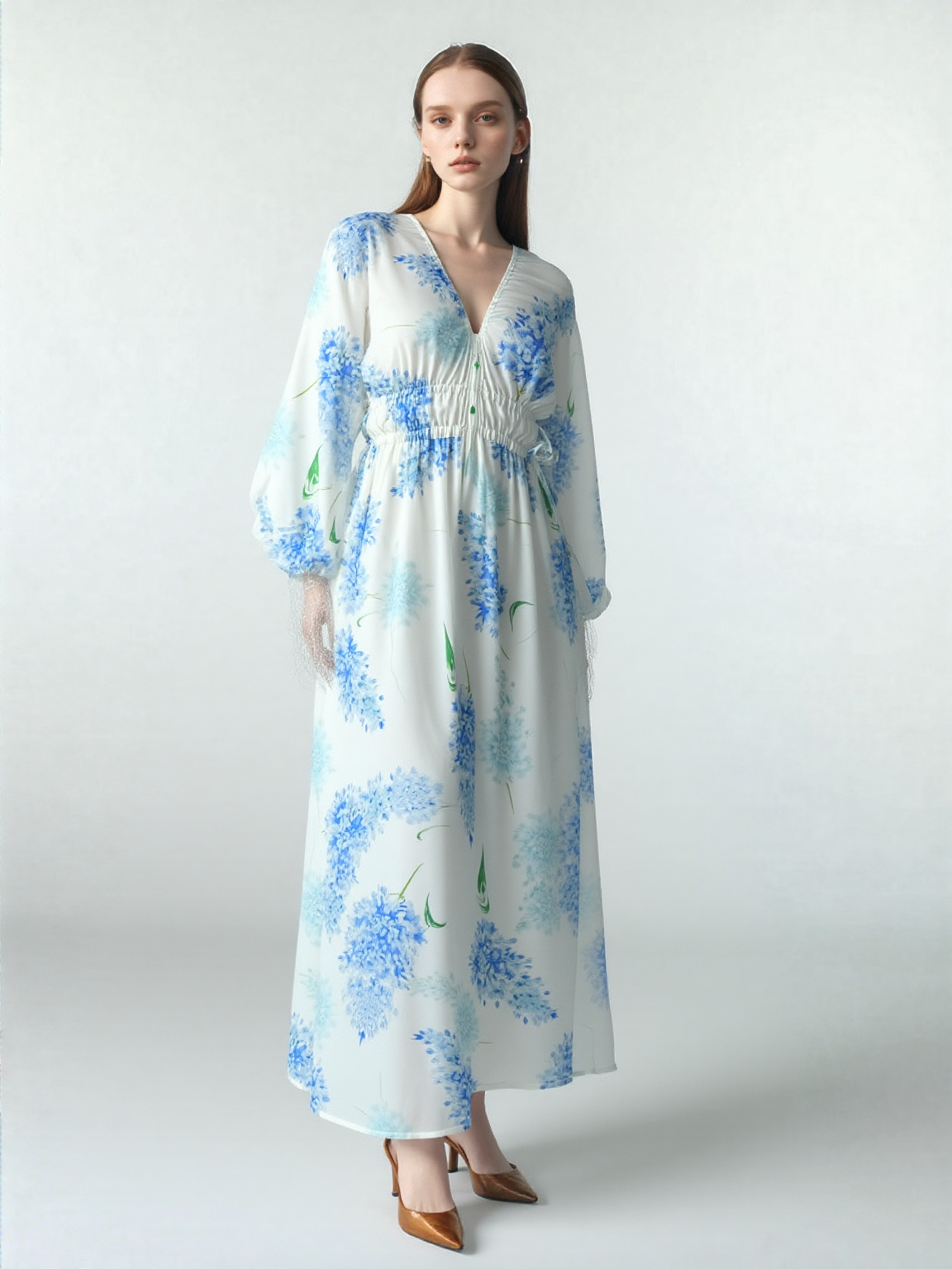 Clarissa Rae Chiffon Maxi Dress with Sheer Sleeves & Drawstring Waist