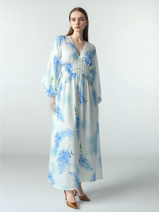 Clarissa Rae Chiffon Maxi Dress with Sheer Sleeves & Drawstring Waist