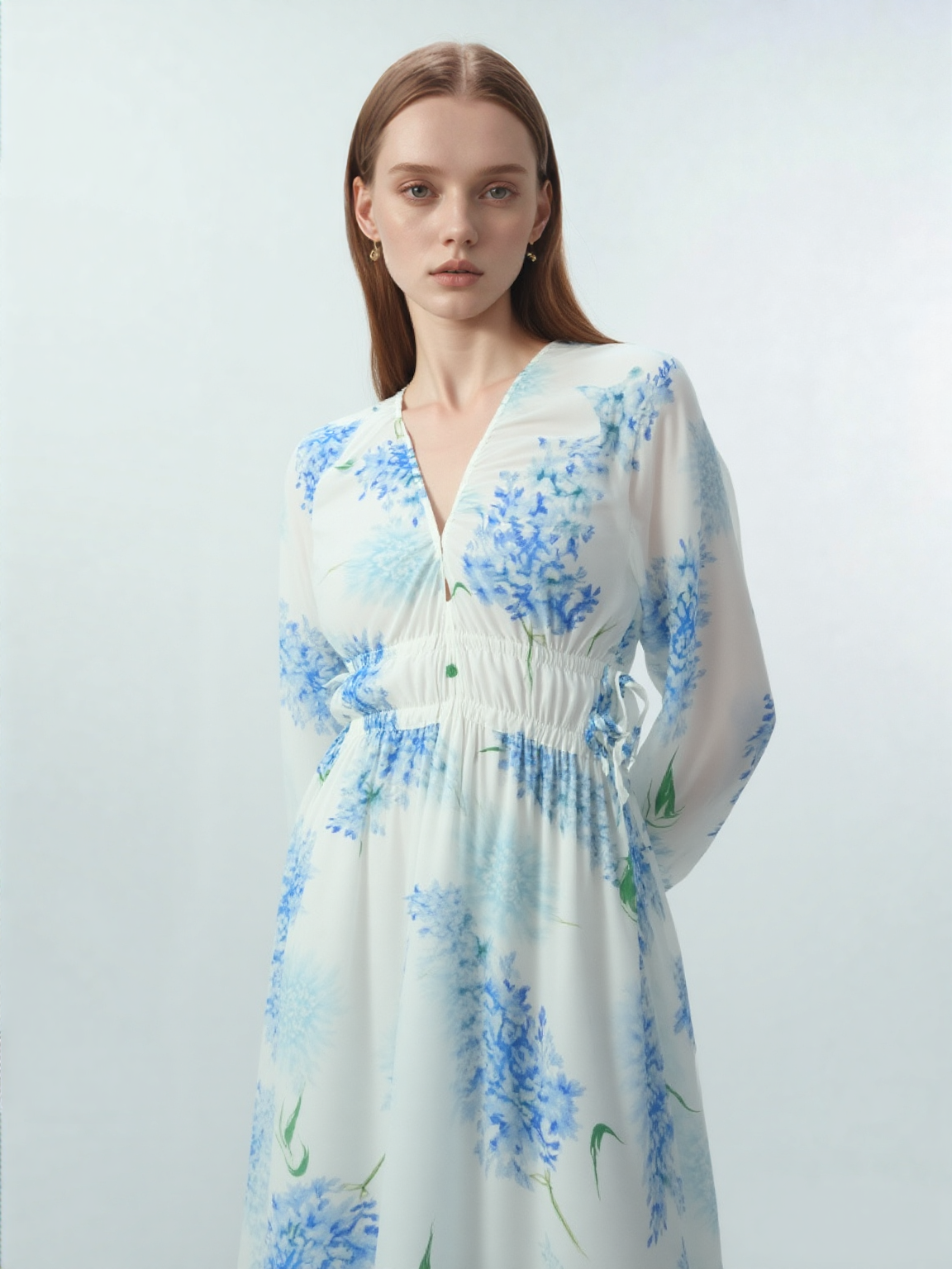 Clarissa Rae Chiffon Maxi Dress with Sheer Sleeves & Drawstring Waist