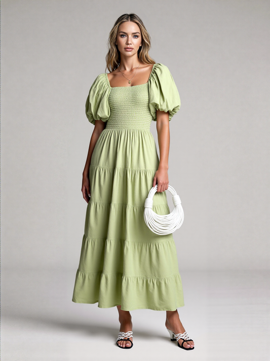 Isla Rose Square-Neck Maxi Dress – Puff Sleeves & Low Back