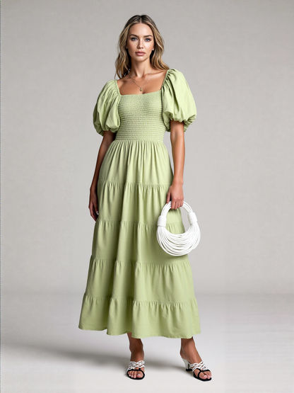 Isla Rose Square-Neck Maxi Dress – Puff Sleeves & Low Back